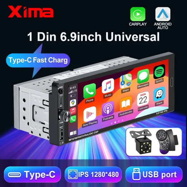 LEHX 6.9" IPS 1Din Radio Wireless / Wired CarPlay Android Auto Car Multimedia Video MP5 Audio Player Stereo FM Receiver USB BT