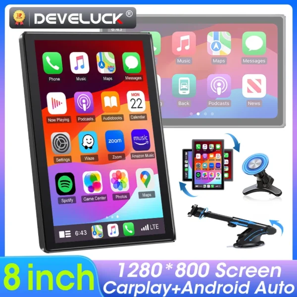Universal 8 inch Portable Rotatable Car Screen Wireless Carplay Android Auto & WIFI Mirror Link Parking Rear Camera AUX Stereo